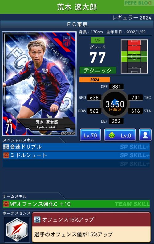 荒木遼太郎 GEMカード あたたかかっ EPOCH 2024 FC東京 TE Jリーグ