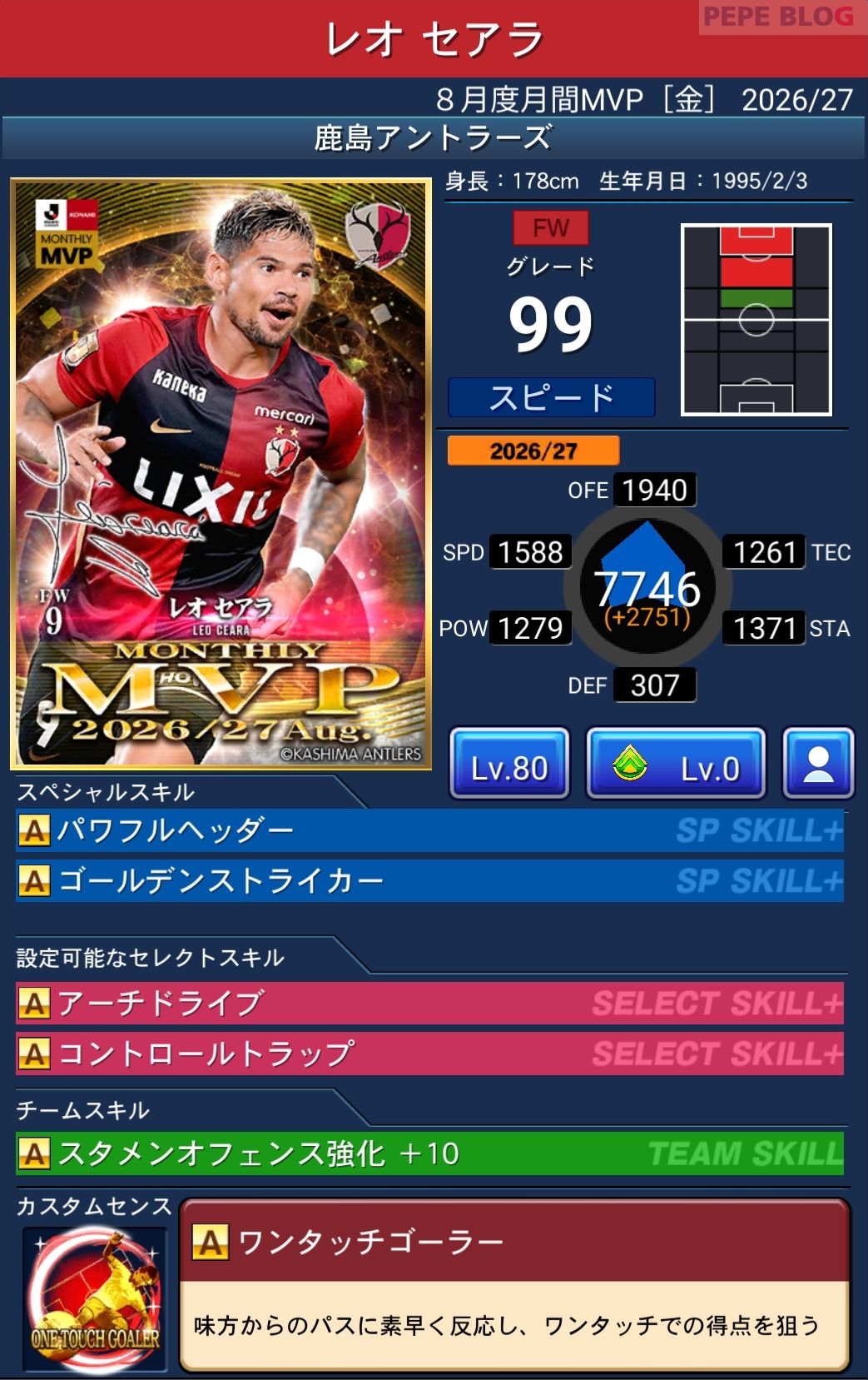 Jクラ 2026年8月度月間MVP 金 レオ セアラ 鹿島アントラーズ グレード99