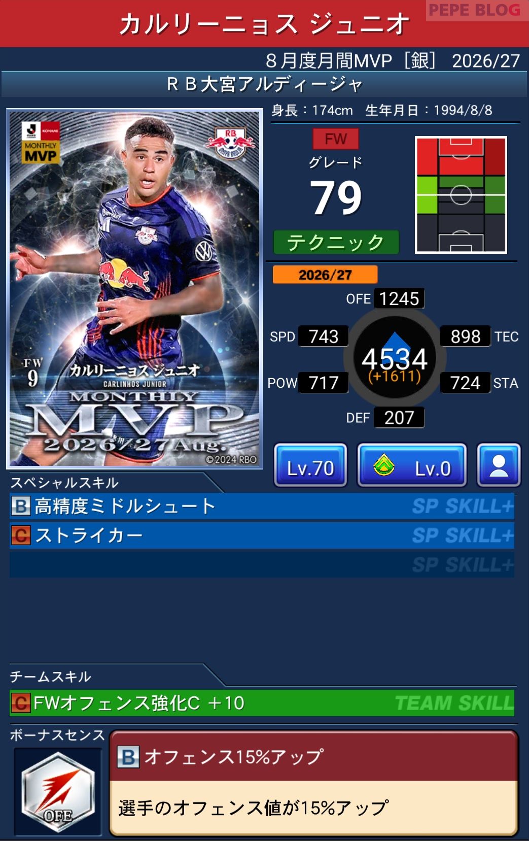 Jクラ 2026年8月度月間MVP 銀 カルリーニョス ジュニオ RB大宮アルディージャ グレード79