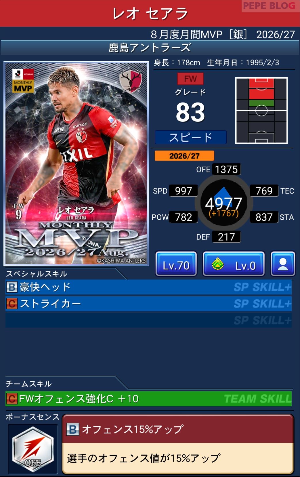 Jクラ 2026年8月度月間MVP 銀 レオ セアラ 鹿島アントラーズ グレード83
