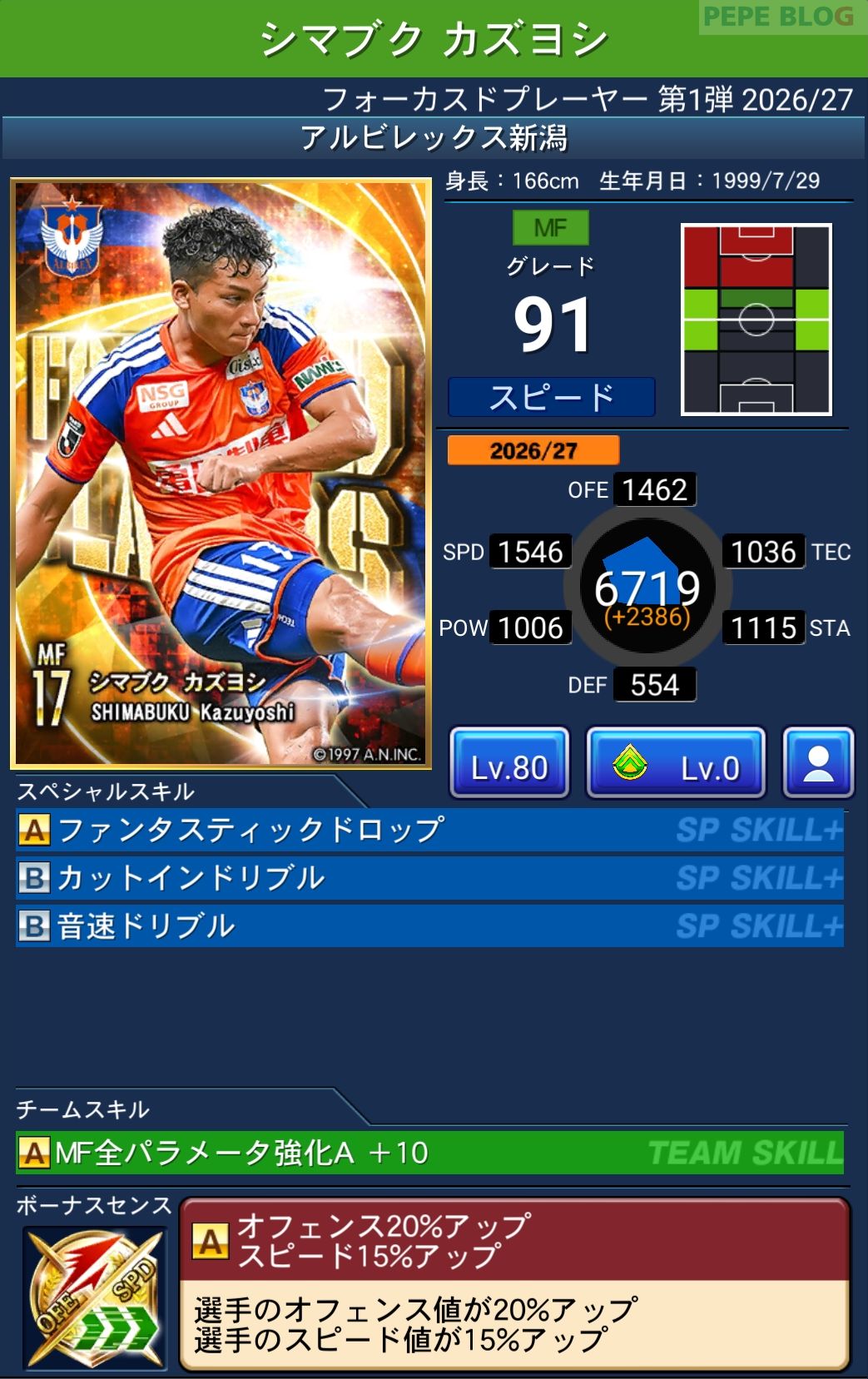 Jクラ フォーカスドプレーヤー第1弾2026/27 アルビレックス新潟 シマブク カズヨシ グレード91