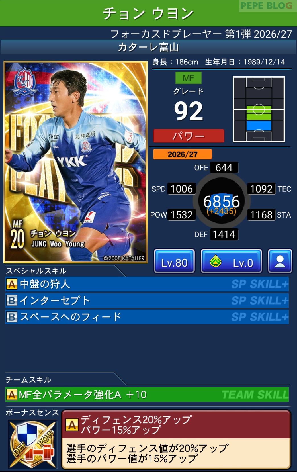 Jクラ フォーカスドプレーヤー第1弾2026/27 カターレ富山 チョン ウヨン グレード92