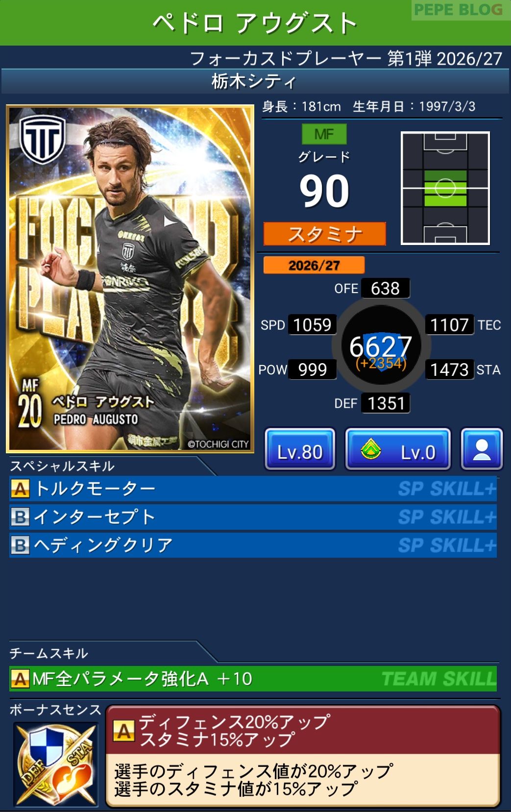 Jクラ フォーカスドプレーヤー第1弾2026/27 栃木シティ ペドロ アウグスト グレード90