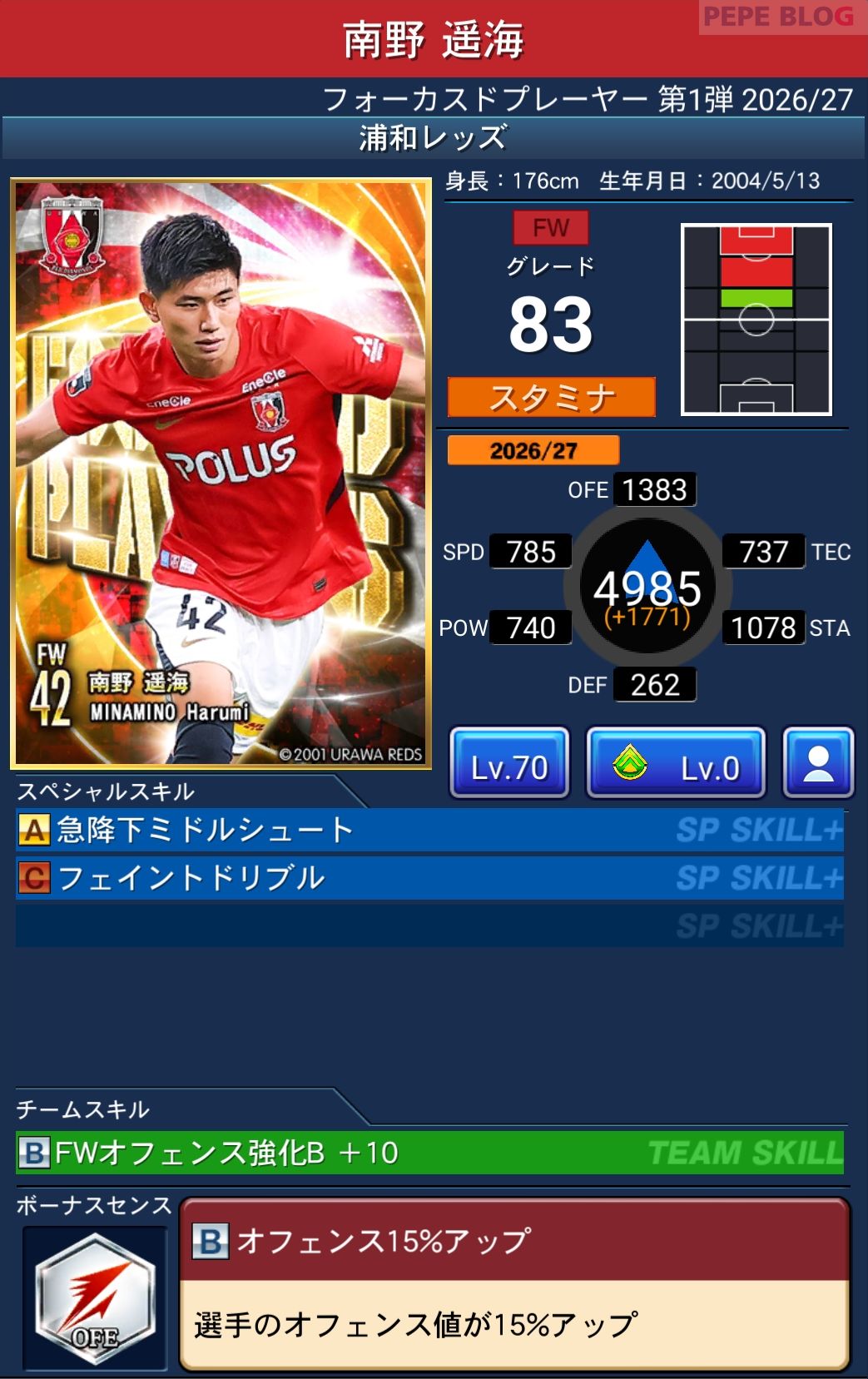 Jクラ フォーカスドプレーヤー第1弾2026/27 浦和レッズ 南野 遥海 グレード83
