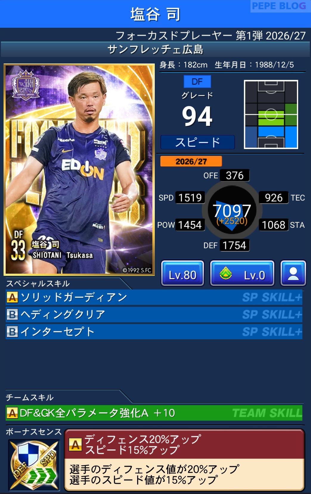 Jクラ フォーカスドプレーヤー第1弾2026/27 サンフレッチェ広島 塩谷 司 グレード94