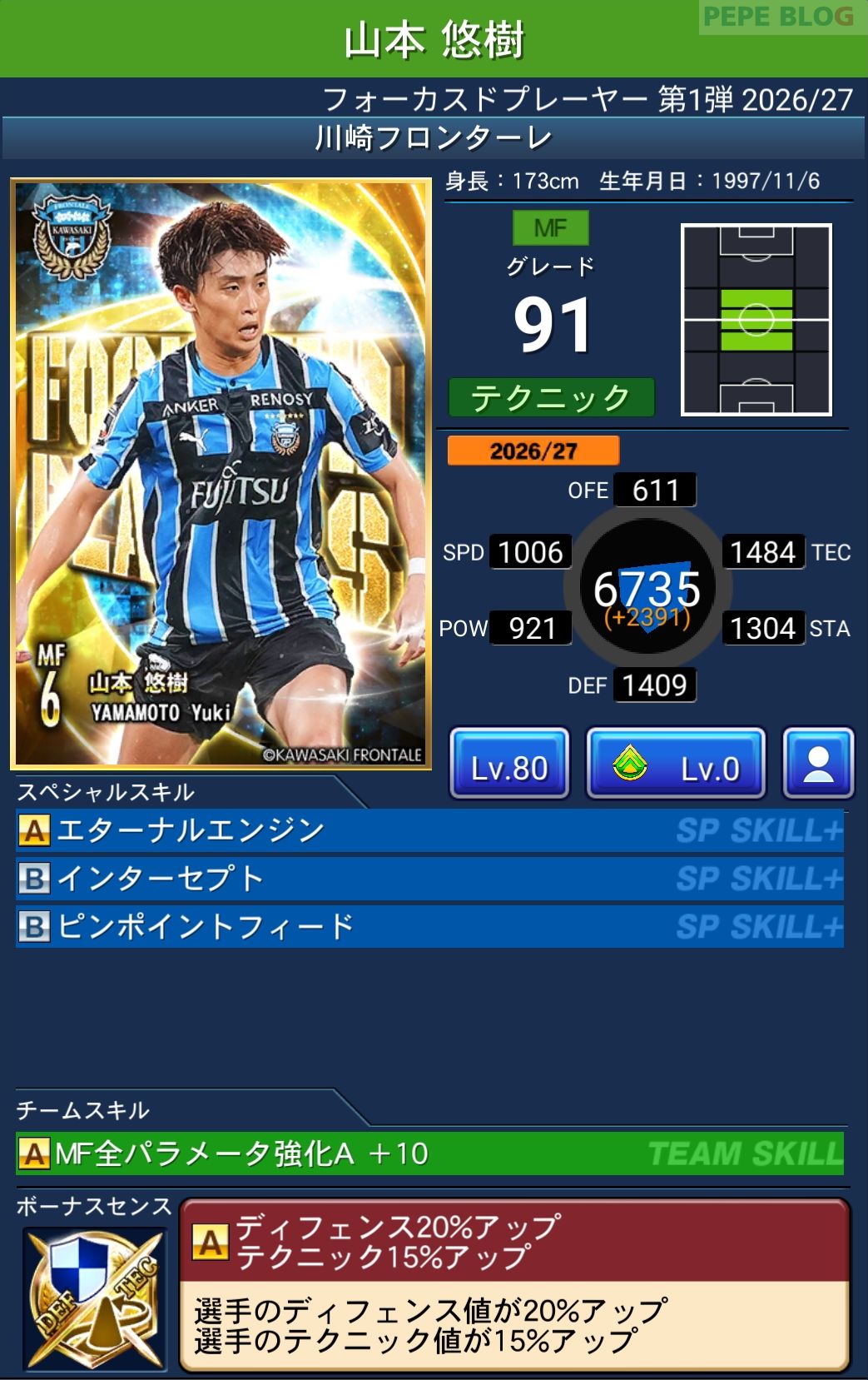 Jクラ フォーカスドプレーヤー第1弾2026/27 川崎フロンターレ 山本 悠樹 グレード91