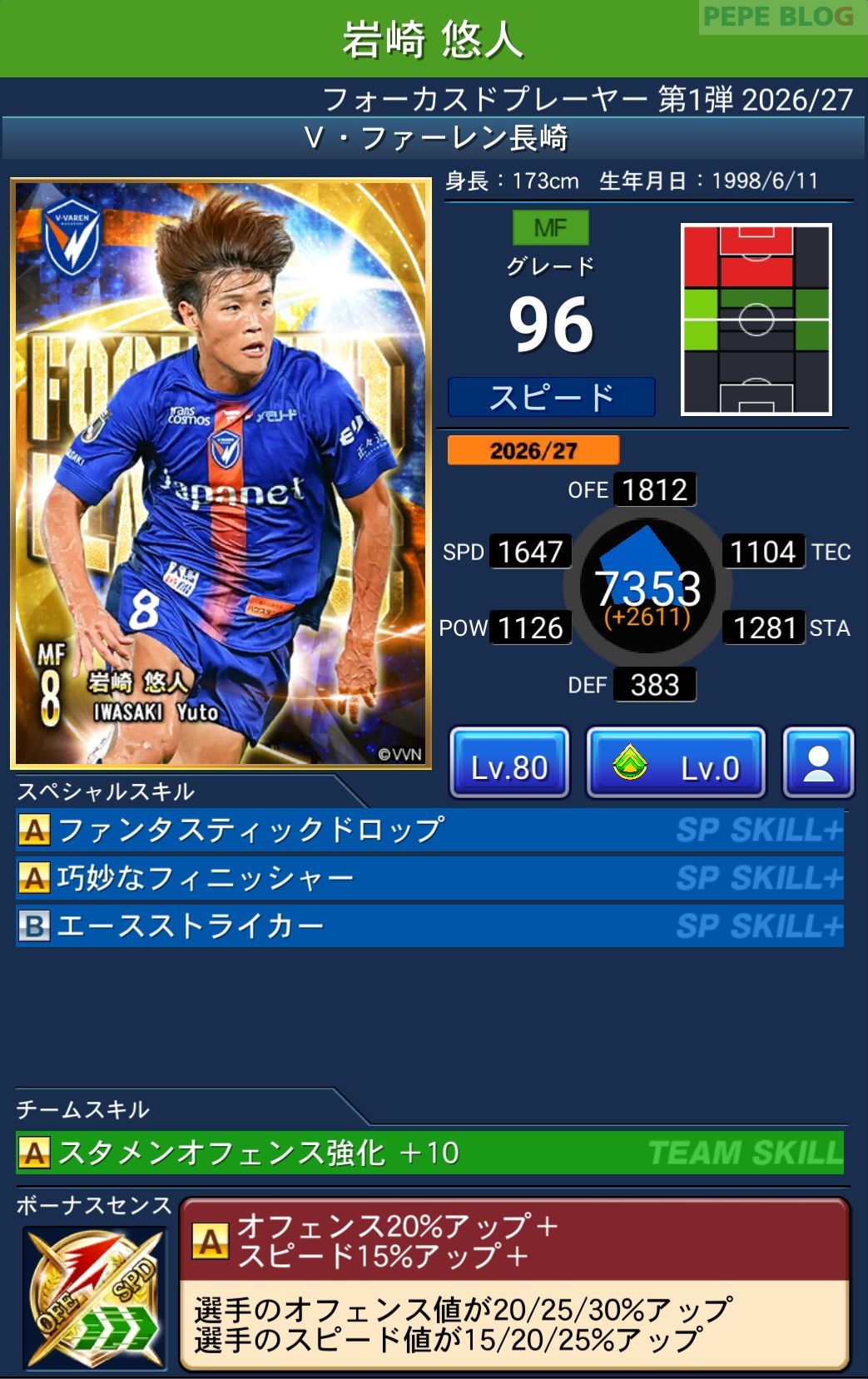 Jクラ フォーカスドプレーヤー第1弾2026/27 V・ファーレン長崎 岩崎 悠人 グレード96
