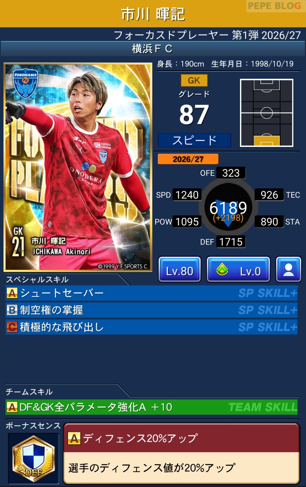 Jクラ フォーカスドプレーヤー第1弾2026/27 横浜FC 市川 暉記 グレード87