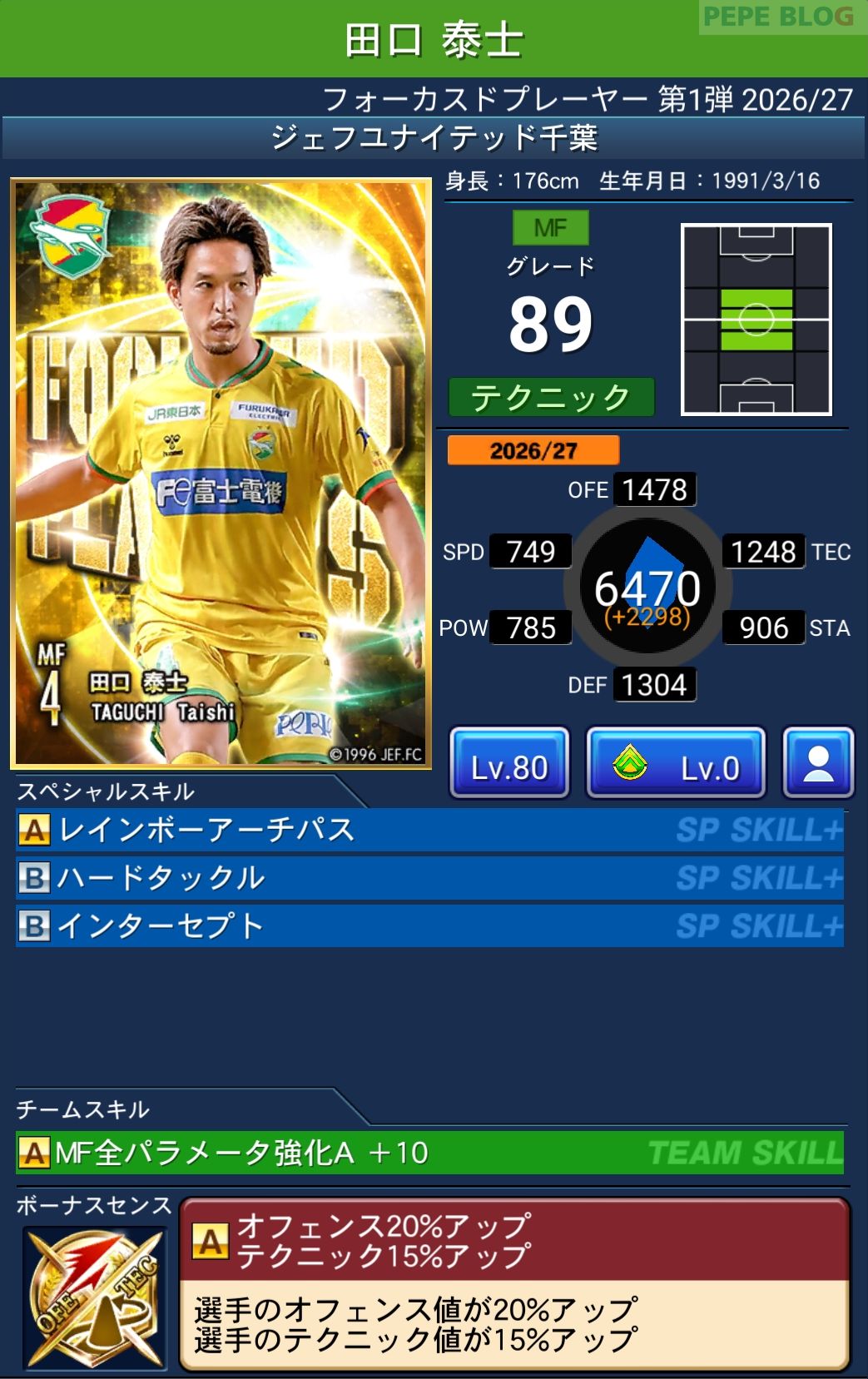 Jクラ フォーカスドプレーヤー第1弾2026/27 ジェフユナイテッド千葉 田口 泰士 グレード89