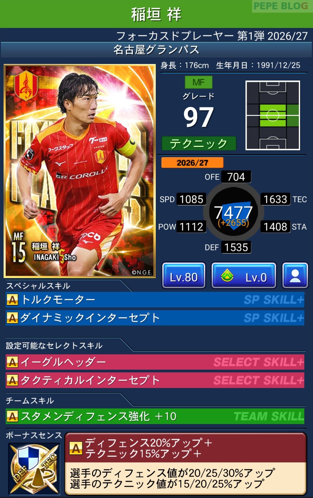 Jクラ フォーカスドプレーヤー第1弾2026/27 名古屋グランパス 稲垣 祥 グレード97