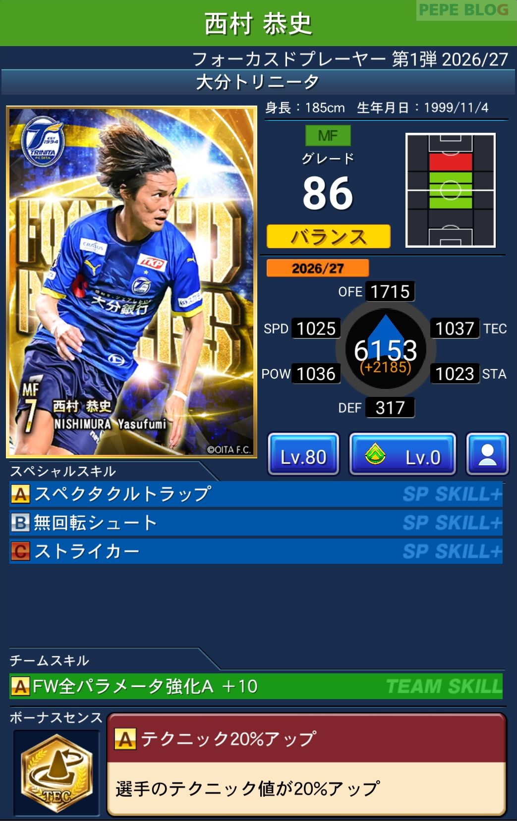 Jクラ フォーカスドプレーヤー第1弾2026/27 大分トリニータ 西村 恭史 グレード86
