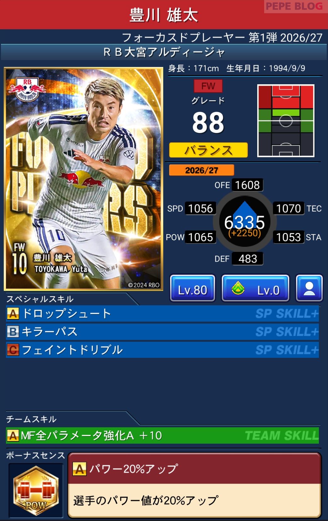 Jクラ フォーカスドプレーヤー第1弾2026/27 RB大宮アルディージャ 豊川 雄太 グレード88