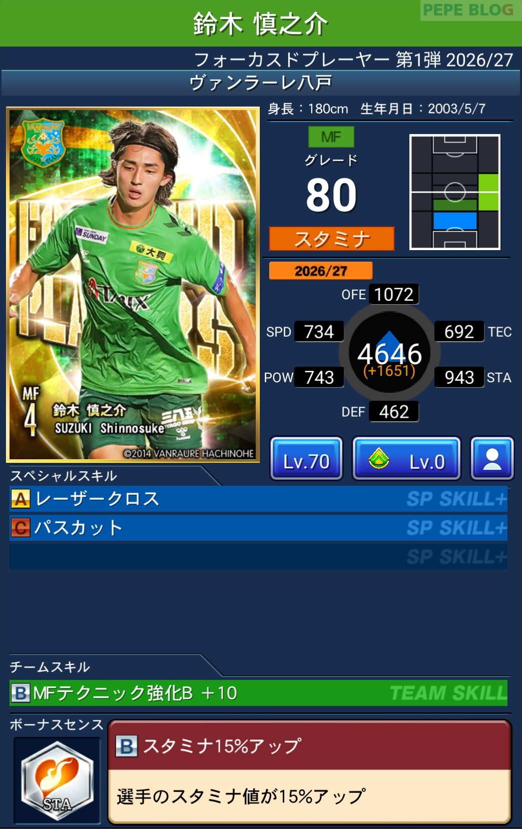 Jクラ フォーカスドプレーヤー第1弾2026/27 ヴァンラーレ八戸 鈴木 慎之介 グレード80