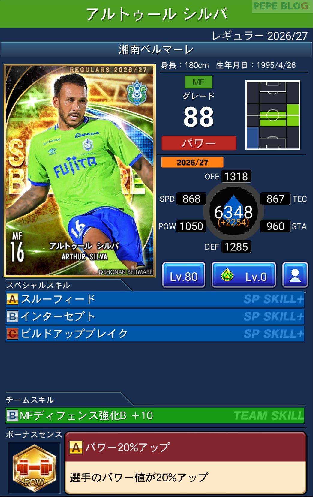 Jクラ レギュラー2026/27 湘南ベルマーレ アルトゥール シルバ グレード88