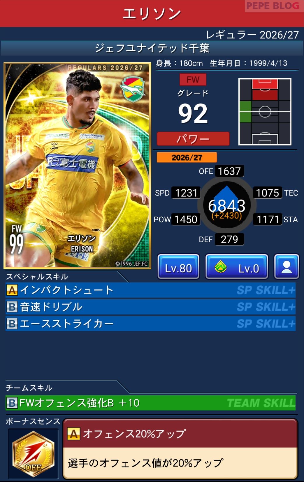 Jクラ レギュラー2026/27 ジェフユナイテッド千葉 エリソン グレード92
