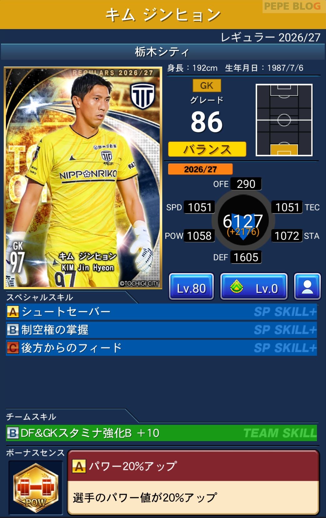 Jクラ レギュラー2026/27 栃木シティ キム ジンヒョン グレード86