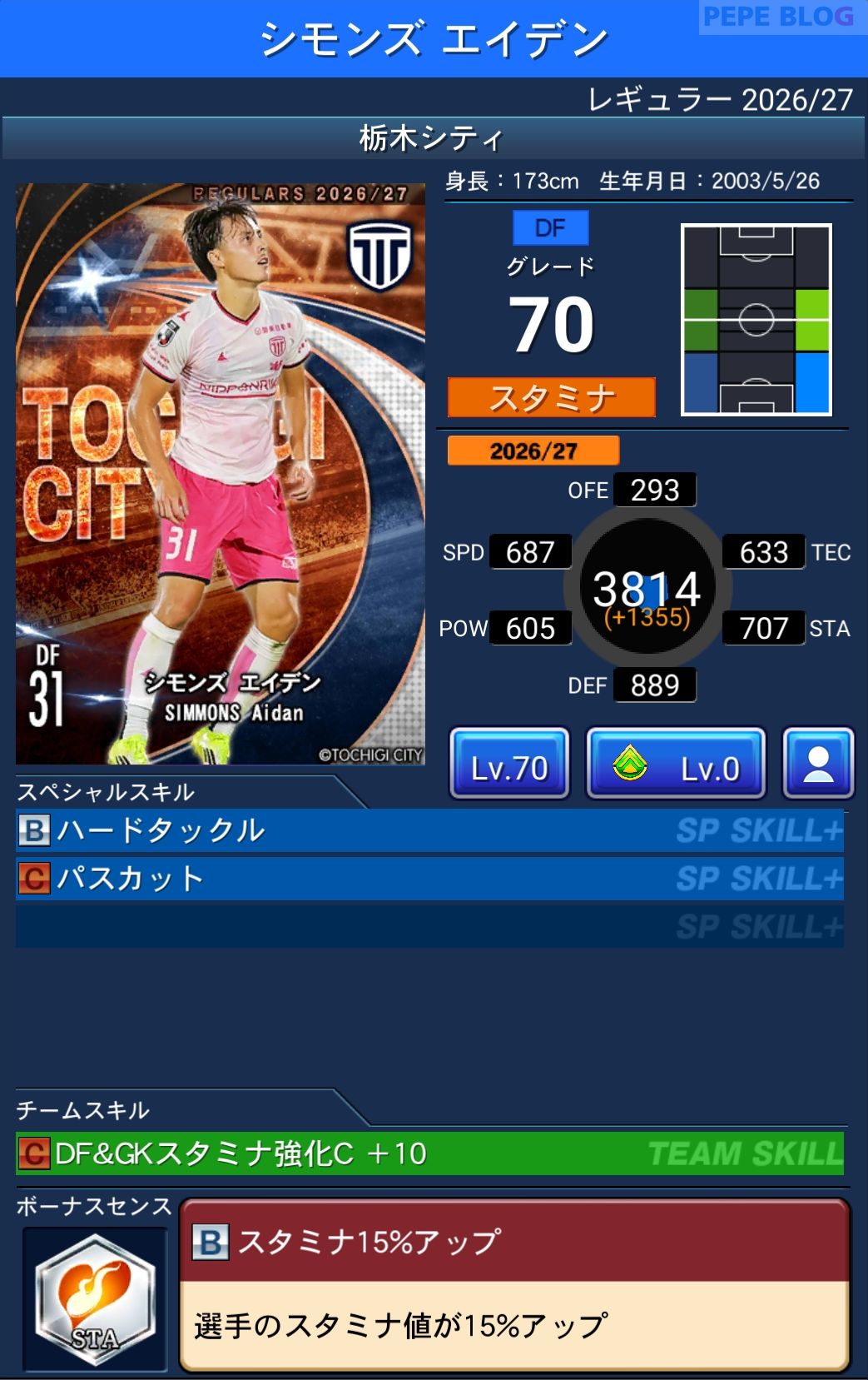 Jクラ レギュラー2026/27 栃木シティ シモンズ エイデン グレード70