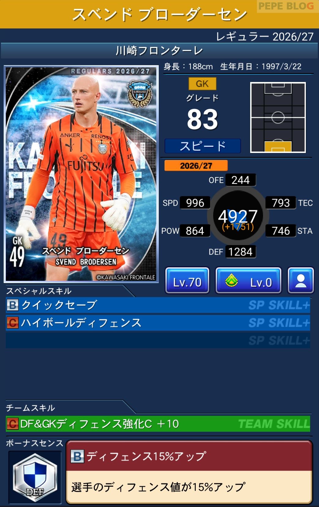 Jクラ レギュラー2026/27 川崎フロンターレ スベンド ブローダーセン グレード83