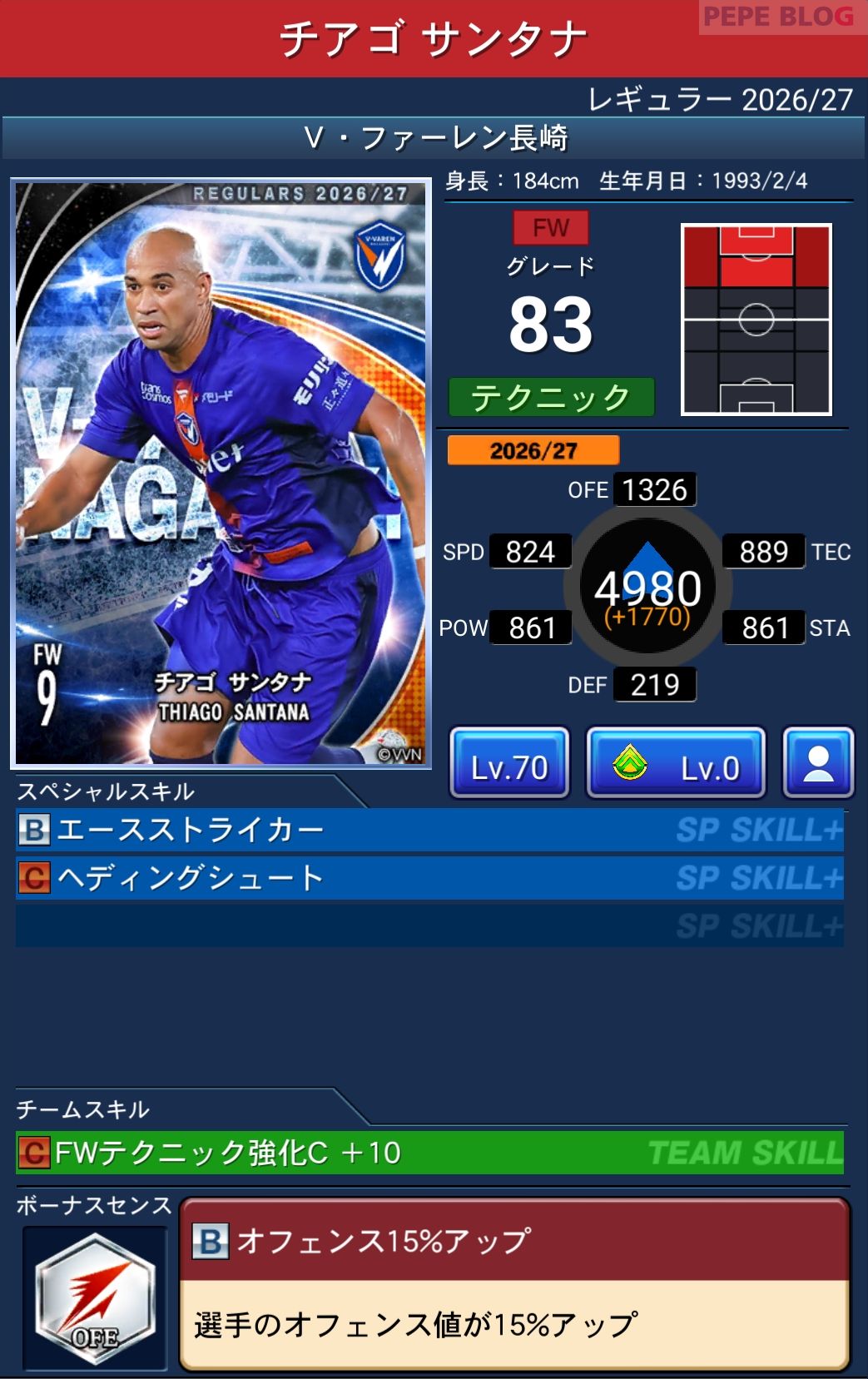 Jクラ レギュラー2026/27 V・ファーレン長崎 チアゴ サンタナ グレード83