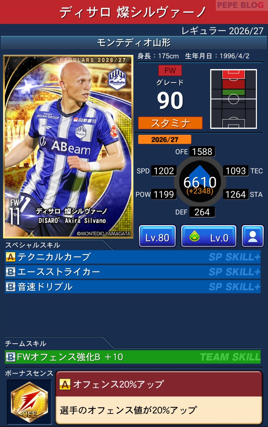Jクラ レギュラー2026/27 モンテディオ山形 ディサロ 燦シルヴァーノ グレード90