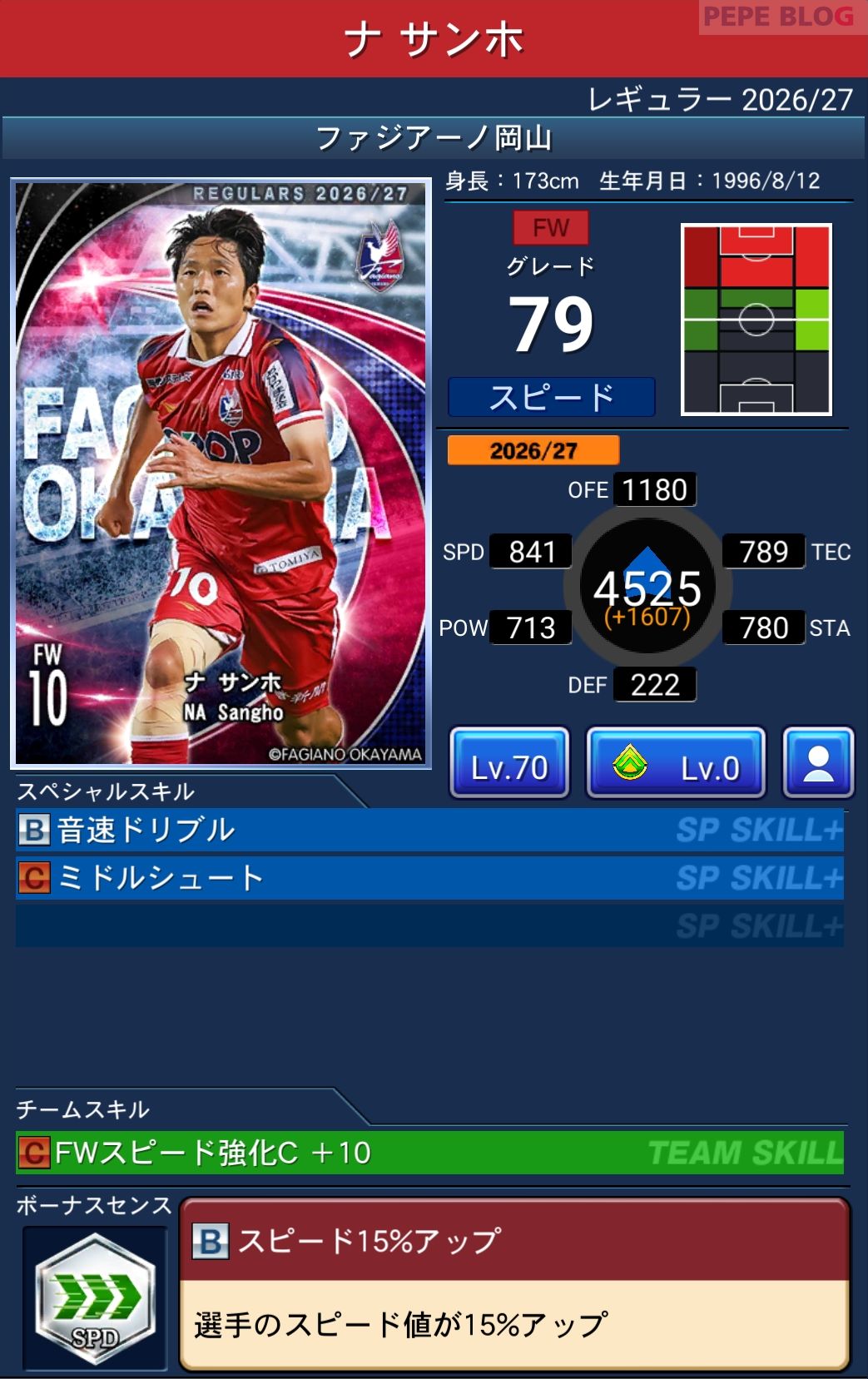 Jクラ レギュラー2026/27 ファジアーノ岡山 ナ サンホ グレード79
