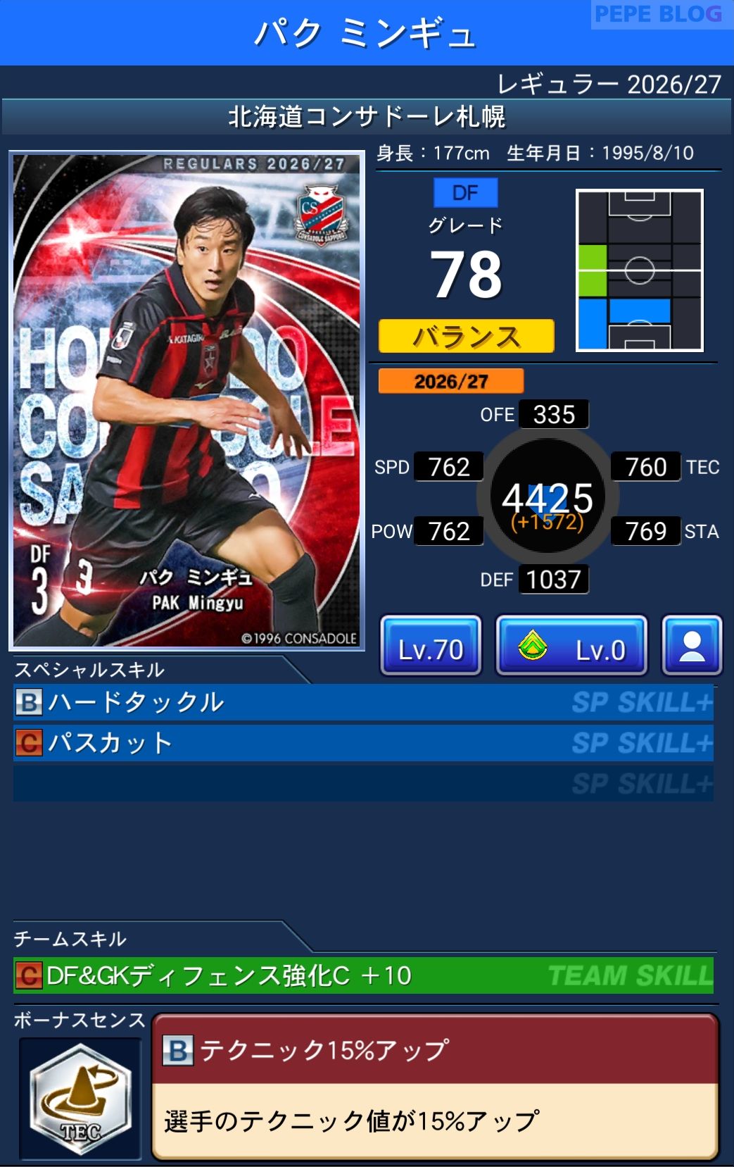 Jクラ レギュラー2026/27 北海道コンサドーレ札幌 パク ミンギュ グレード78