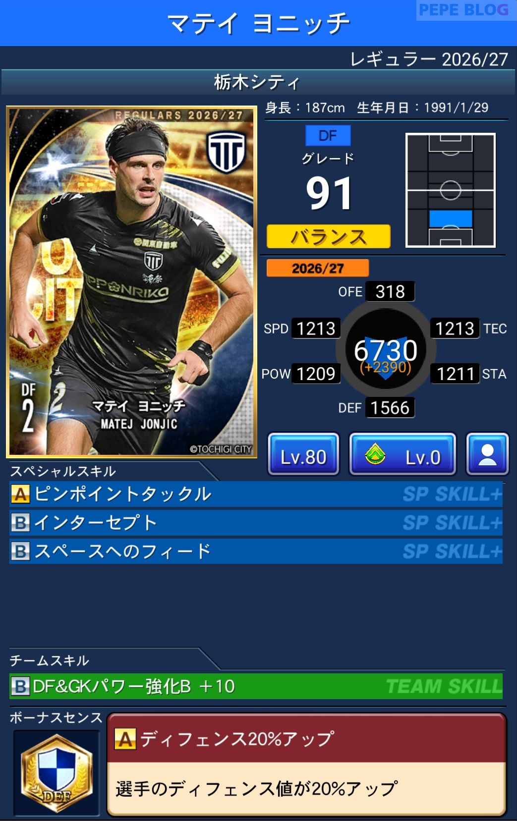 Jクラ レギュラー2026/27 栃木シティ マティ ヨニッチ グレード91