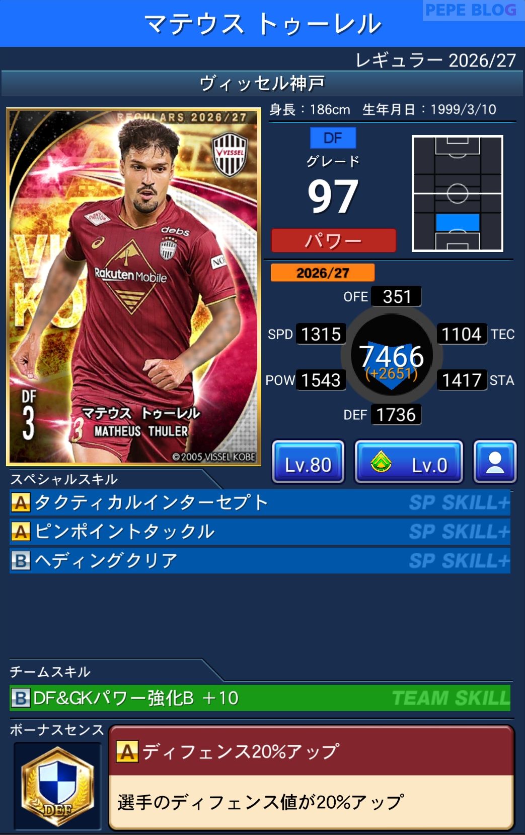 Jクラ レギュラー2026/27 ヴィッセル神戸 マテウス トゥーレル グレード97