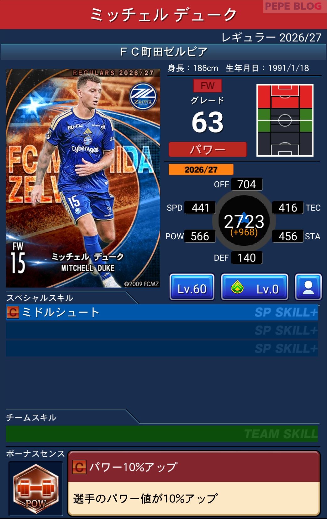 Jクラ レギュラー2026/27 FC町田ゼルビア ミッチェル デューク グレード63