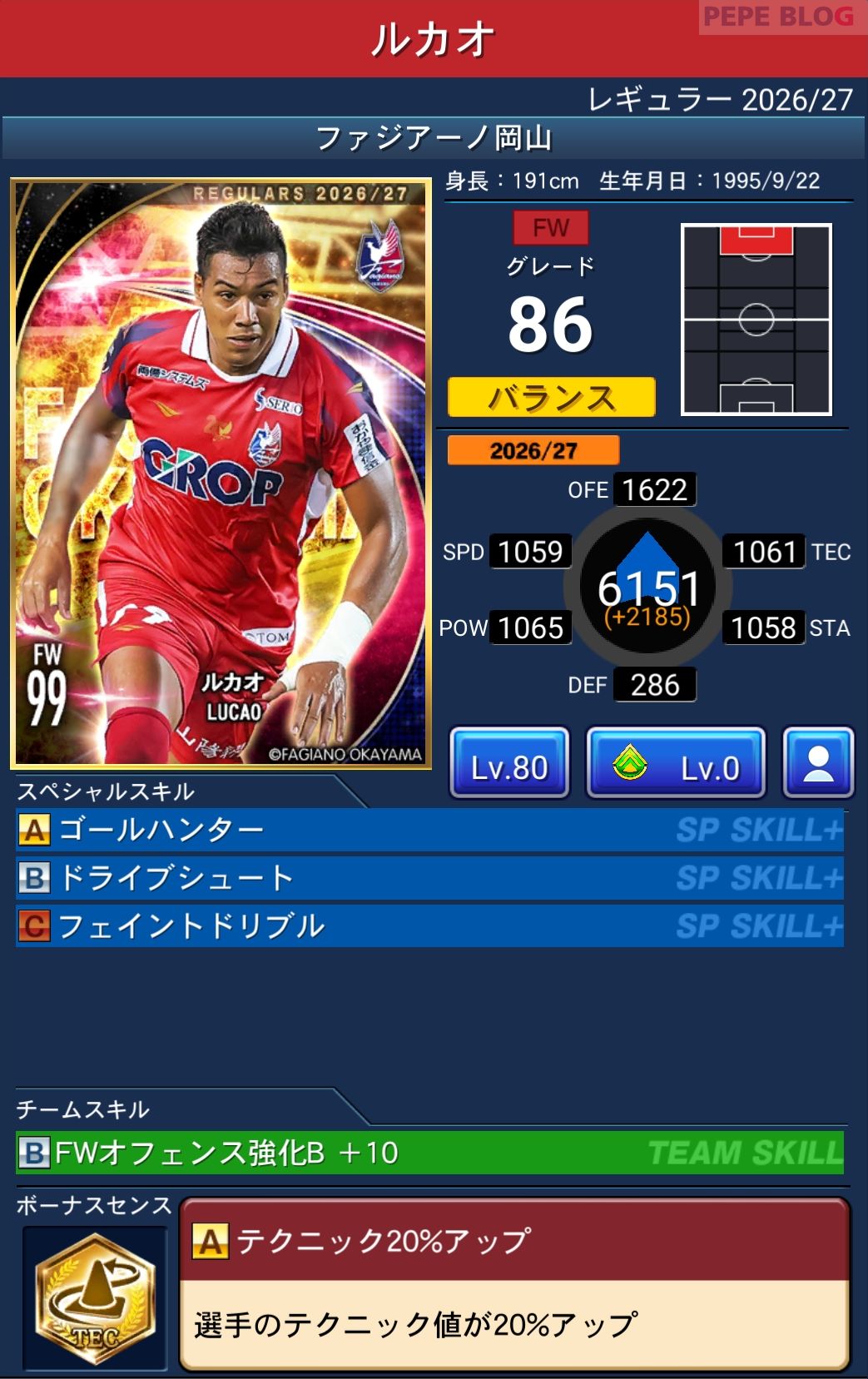 Jクラ レギュラー2026/27 ファジアーノ岡山 ルカオ グレード86