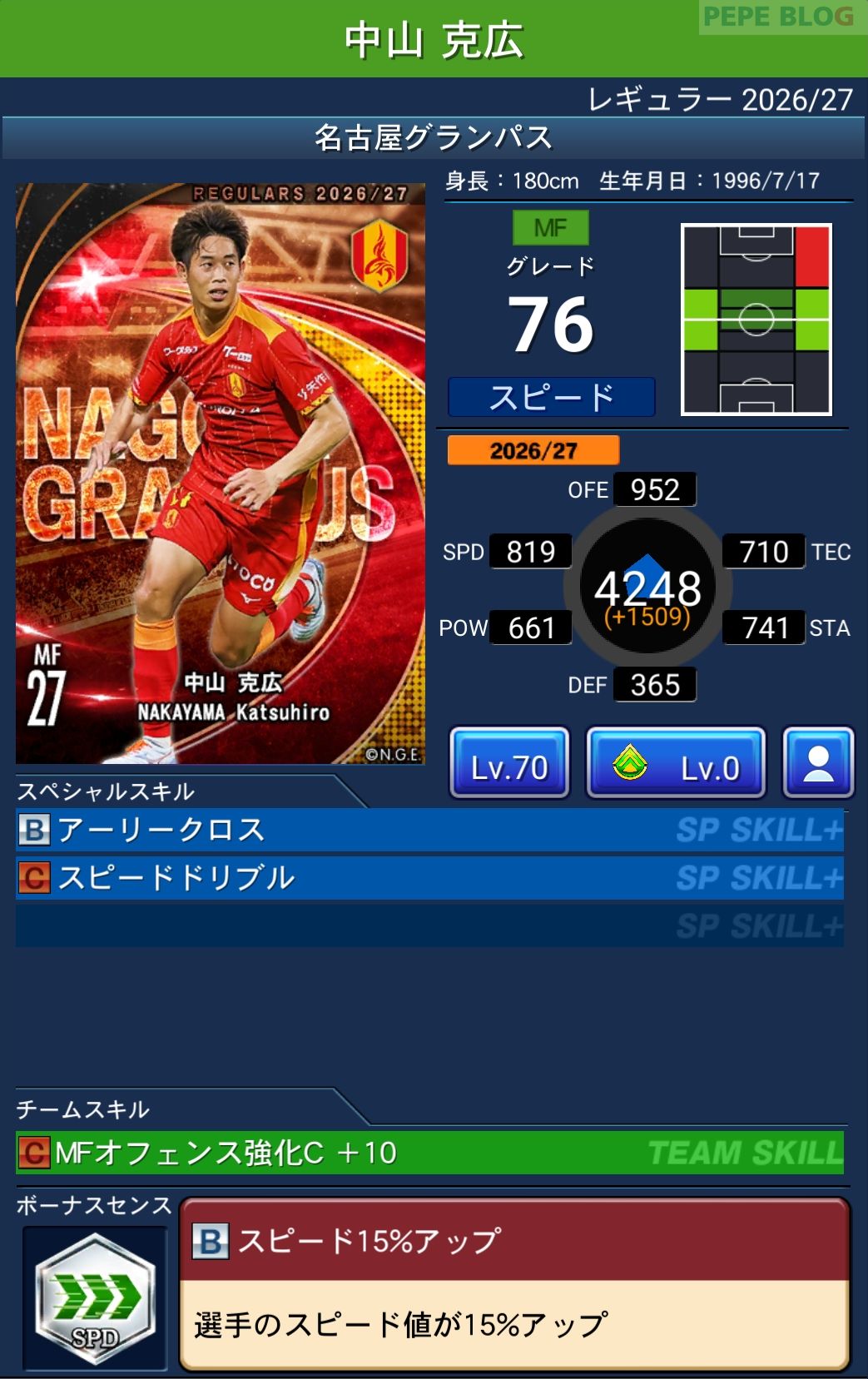 Jクラ レギュラー2026/27 名古屋グランパス 中山 克広 グレード76
