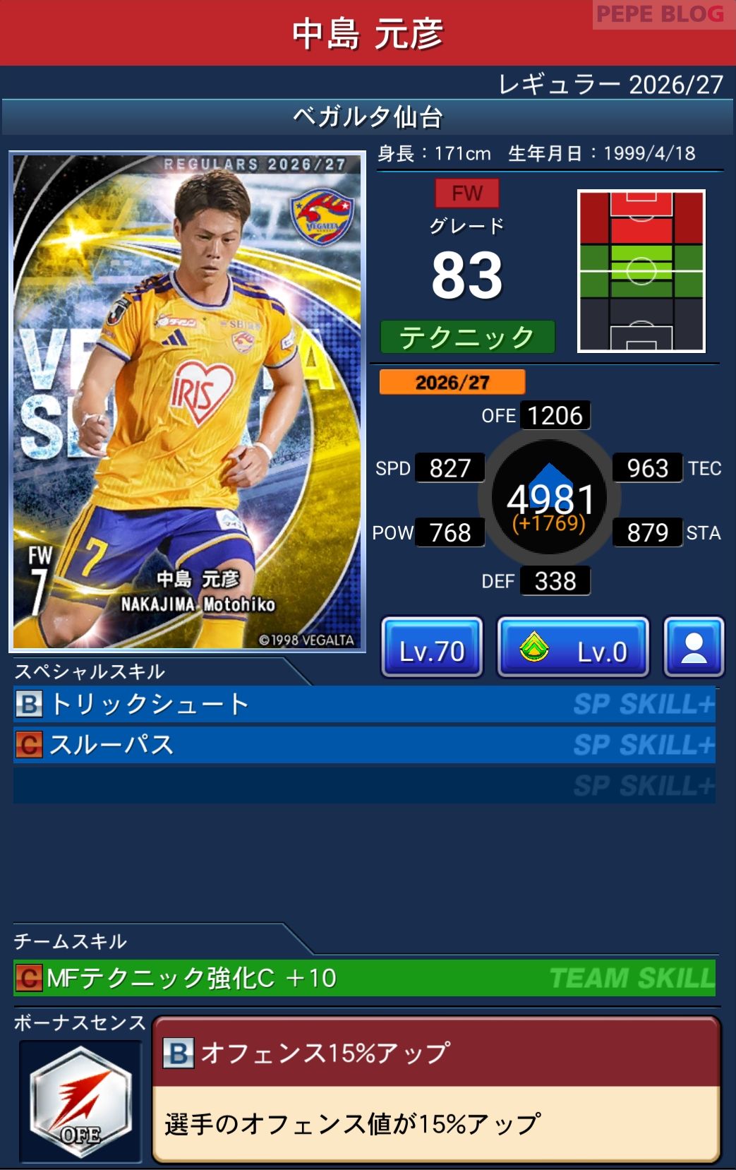 Jクラ レギュラー2026/27 ベガルタ仙台 中島 元彦 グレード83