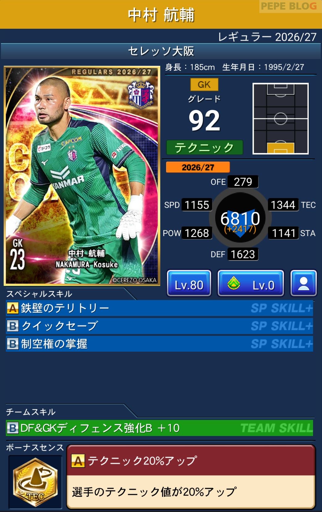 Jクラ レギュラー2026/27 セレッソ大阪 中村 航輔 グレード92
