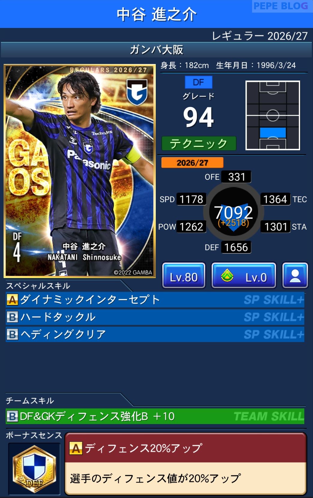 Jクラ レギュラー2026/27 ガンバ大阪 中谷 進之介 グレード94