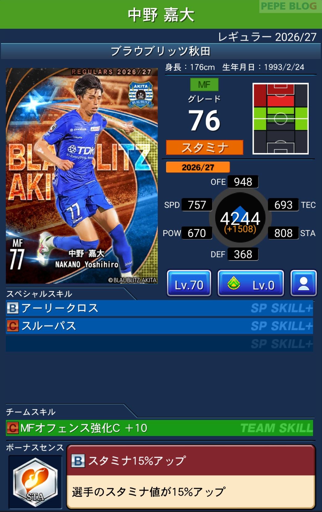 Jクラ レギュラー2026/27 ブラウブリッツ秋田 中野 嘉大 グレード76
