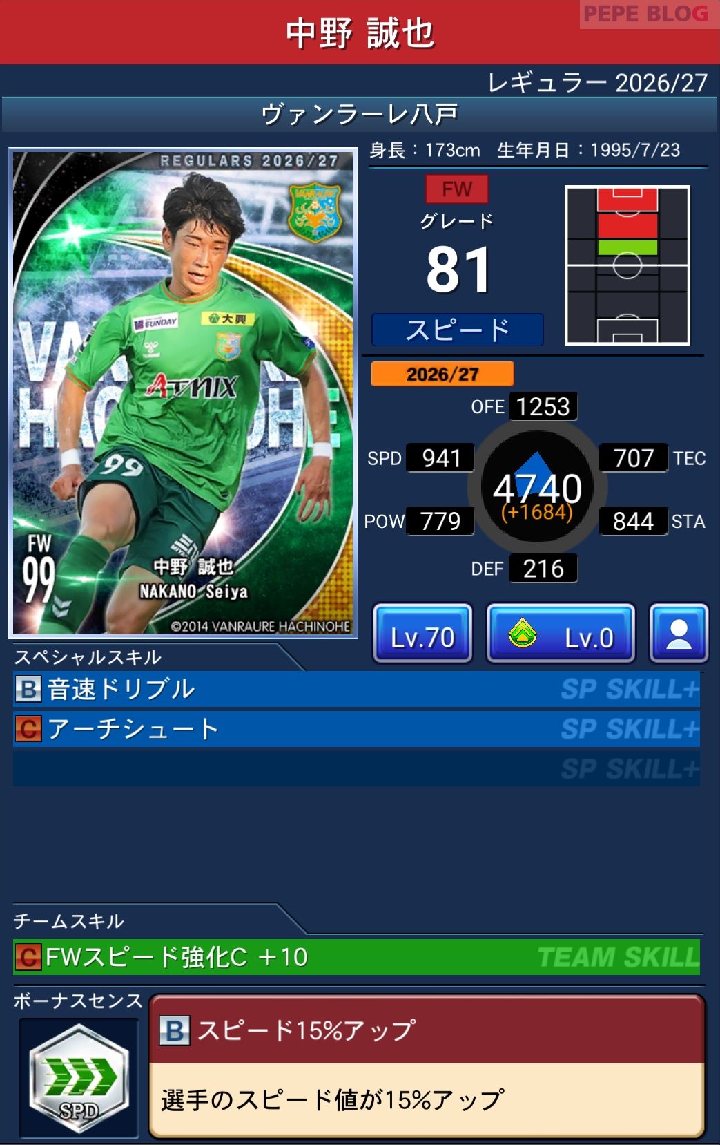 Jクラ レギュラー2026/27 ヴァンラーレ八戸 中野 誠也 グレード81
