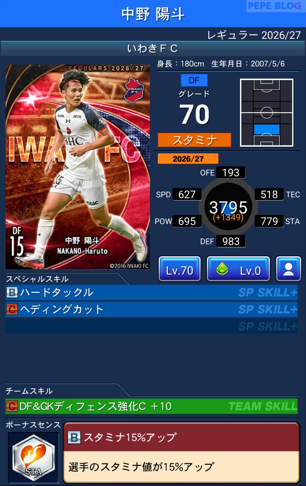 Jクラ レギュラー2026/27 いわきFC 中野 陽斗 グレード70