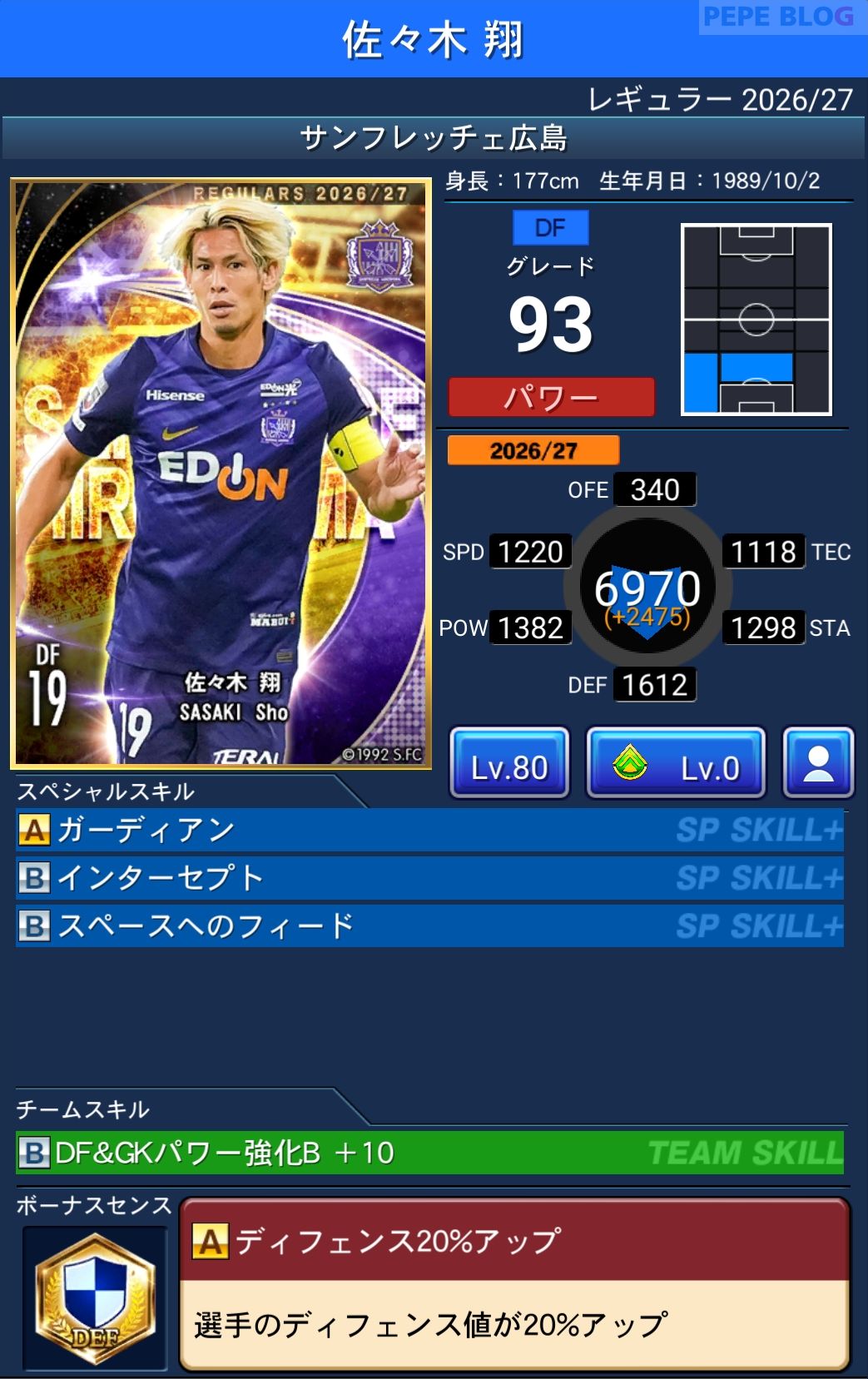 Jクラ レギュラー2026/27 サンフレッチェ広島 佐々木 翔 グレード93