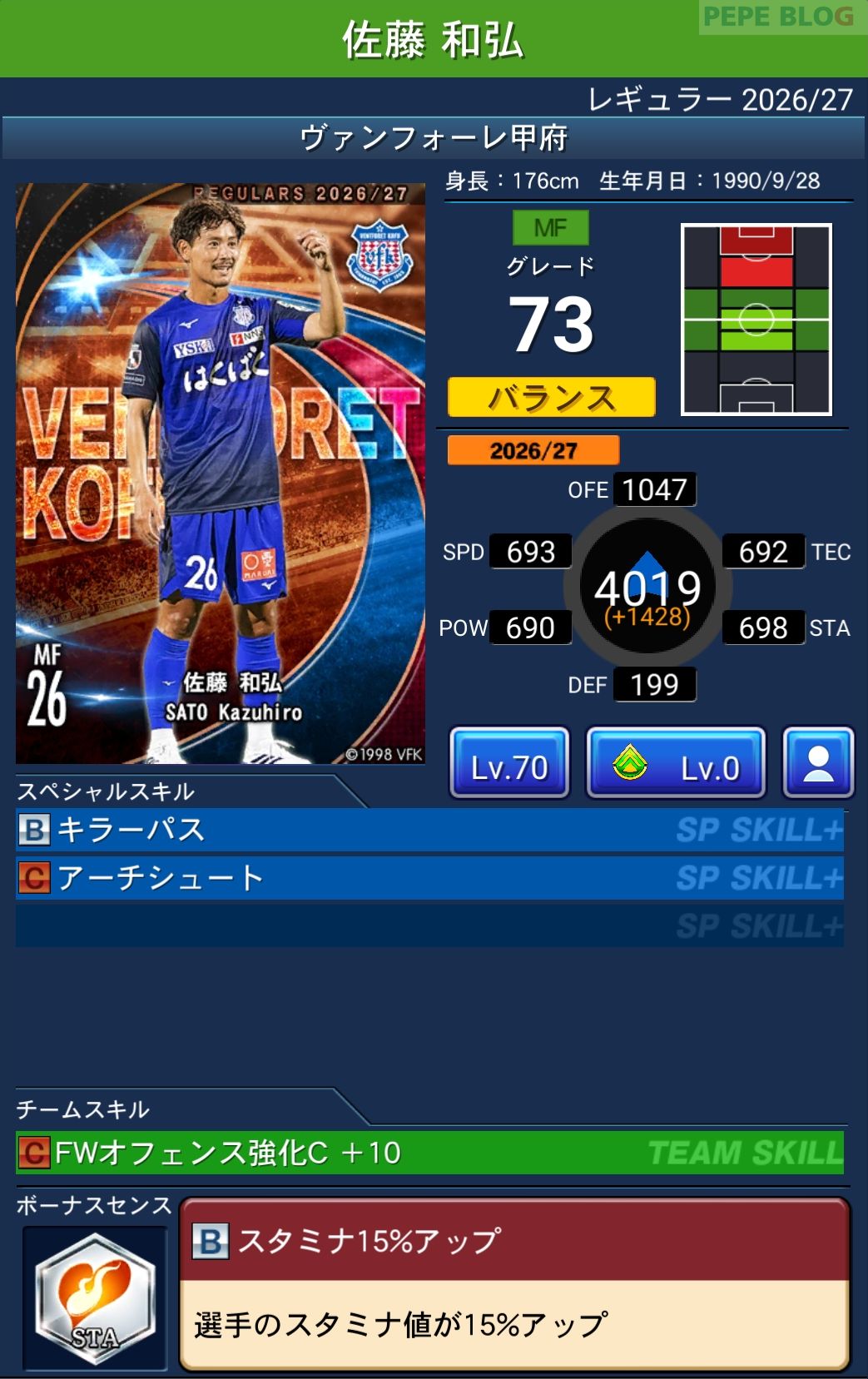 Jクラ レギュラー2026/27 ヴァンフォーレ甲府 佐藤 和弘 グレード73
