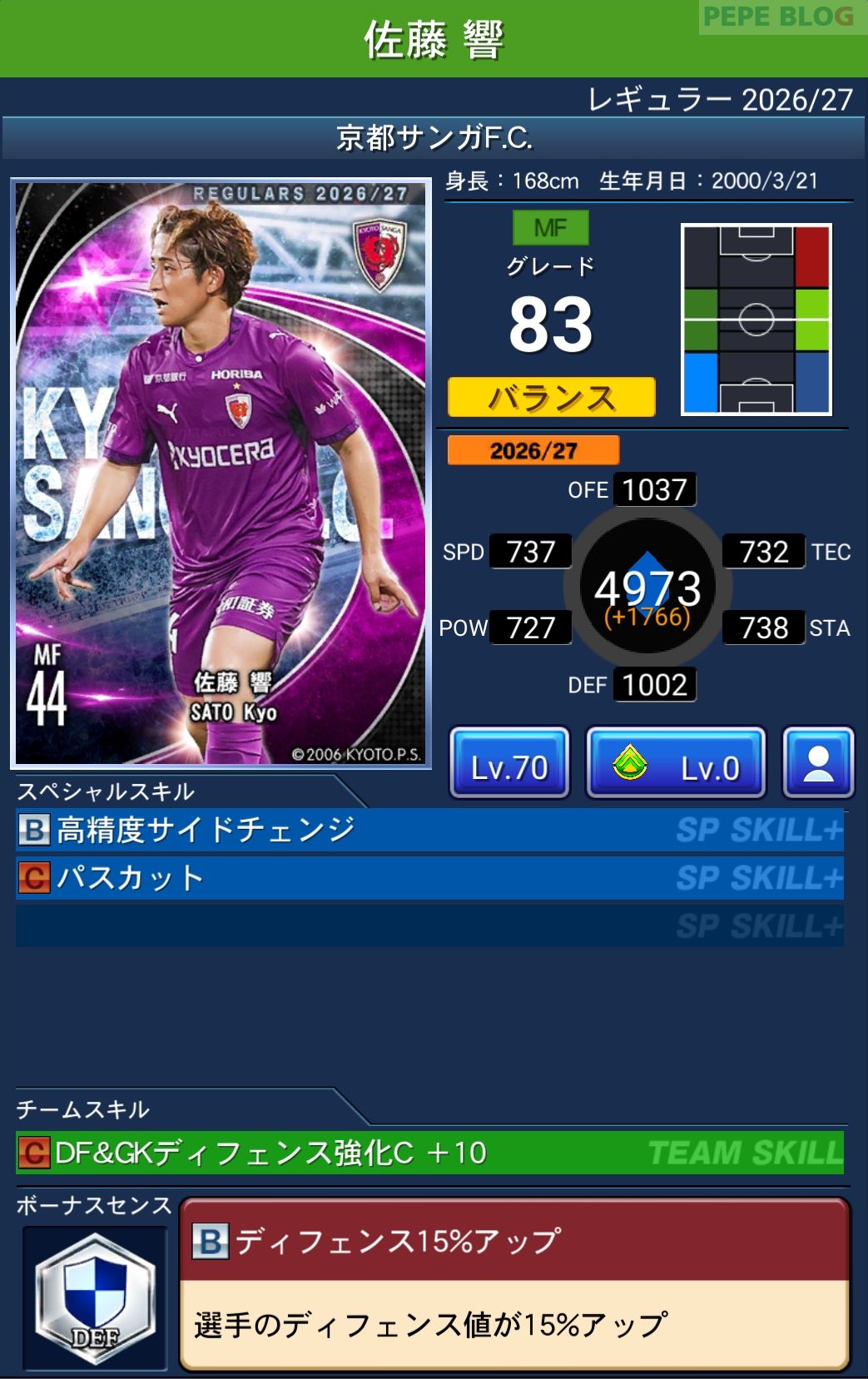Jクラ レギュラー2026/27 京都サンガFC 佐藤 響 グレード83