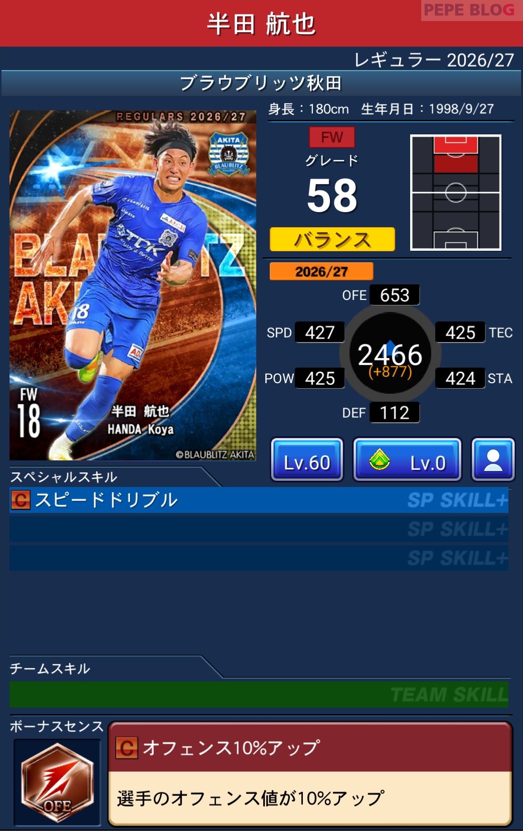 Jクラ レギュラー2026/27 ブラウブリッツ秋田 半田 航也 グレード58