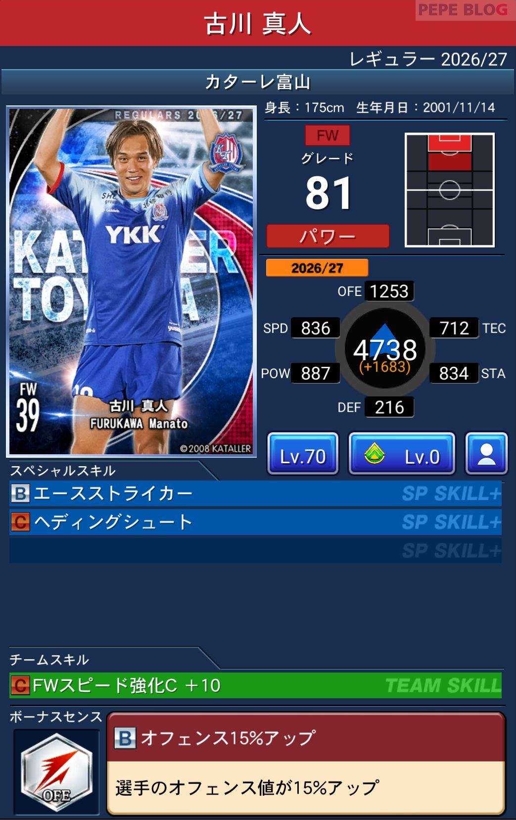 Jクラ レギュラー2026/27 カターレ富山 古川 真人 グレード81