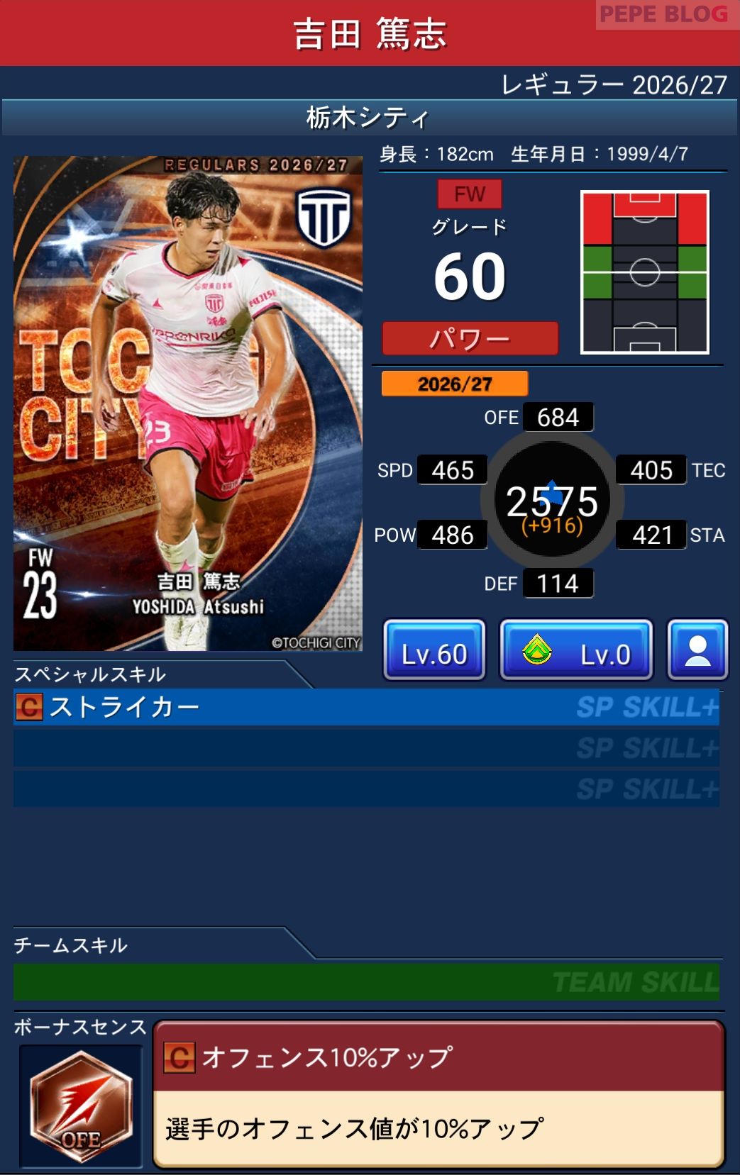 Jクラ レギュラー2026/27 栃木シティ 吉田 篤志 グレード60