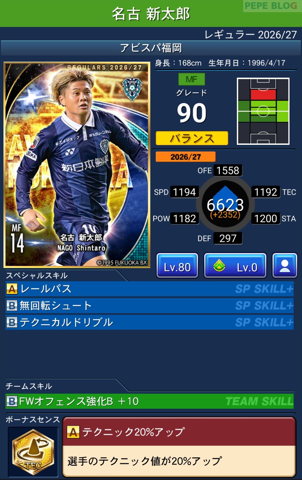 Jクラ レギュラー2026/27 アビスパ福岡 名古 新太郎 グレード90