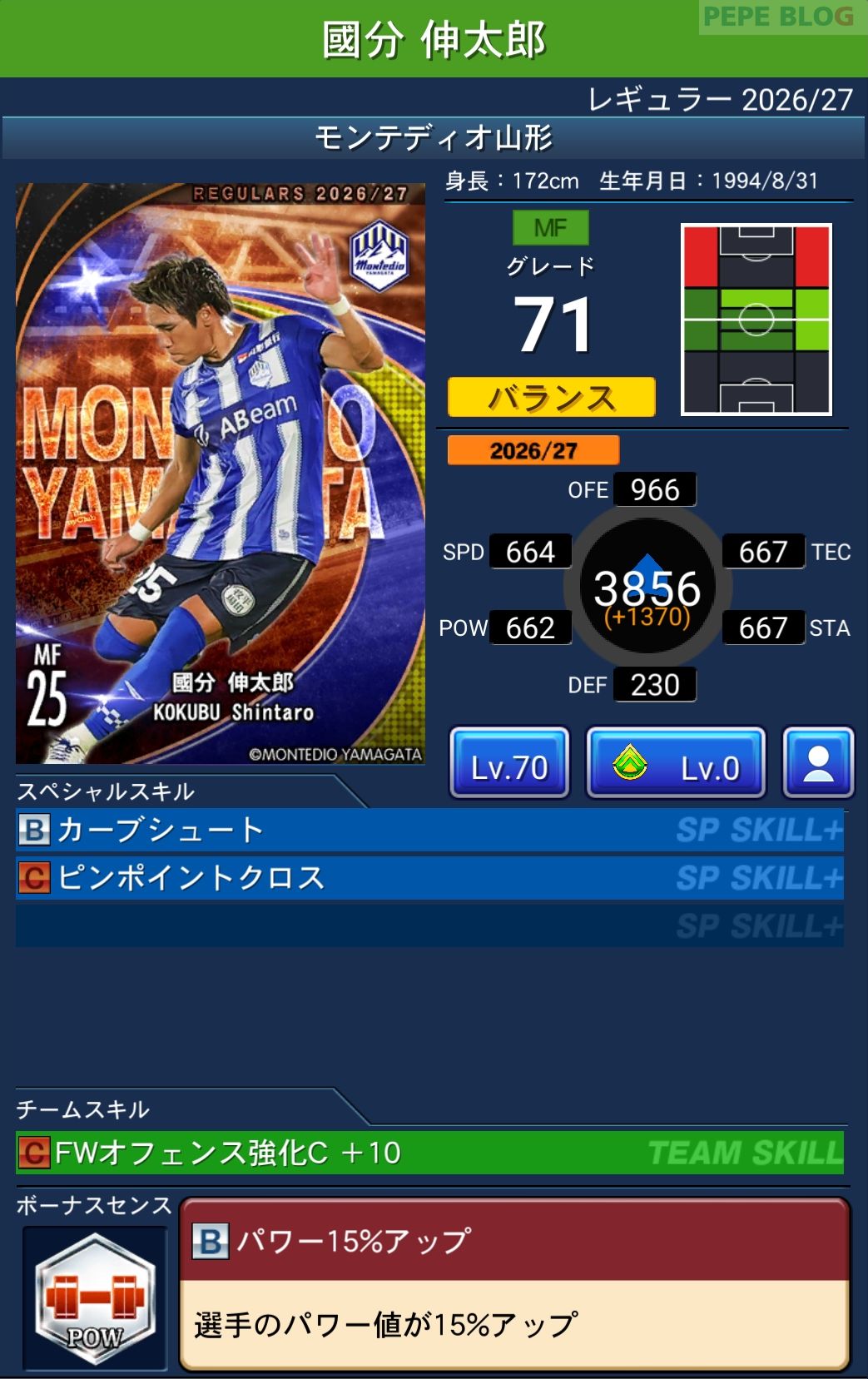 Jクラ レギュラー2026/27 モンテディオ山形 國分 伸太郎 グレード71