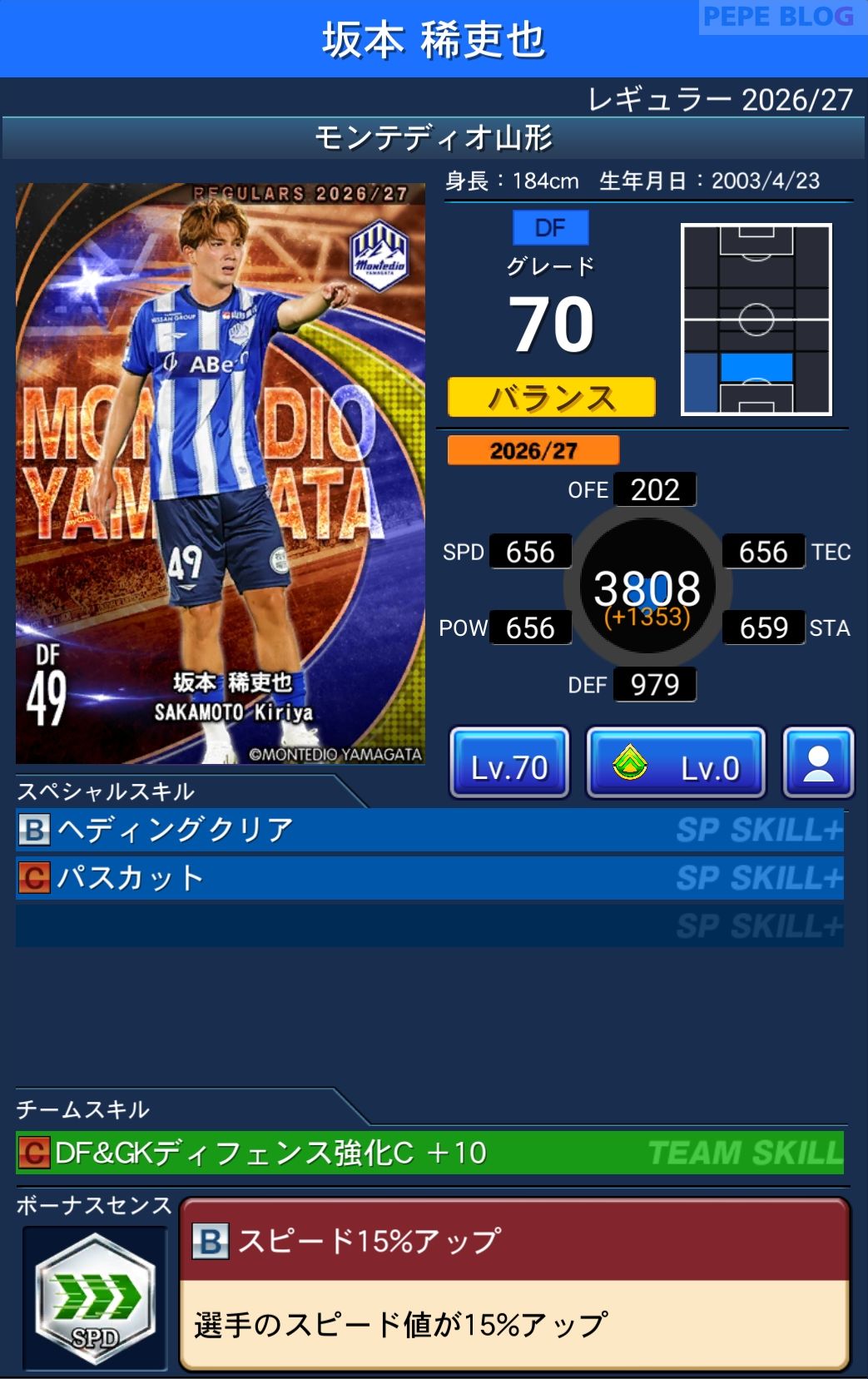 Jクラ レギュラー2026/27 モンテディオ山形 坂本 稀吏也 グレード70