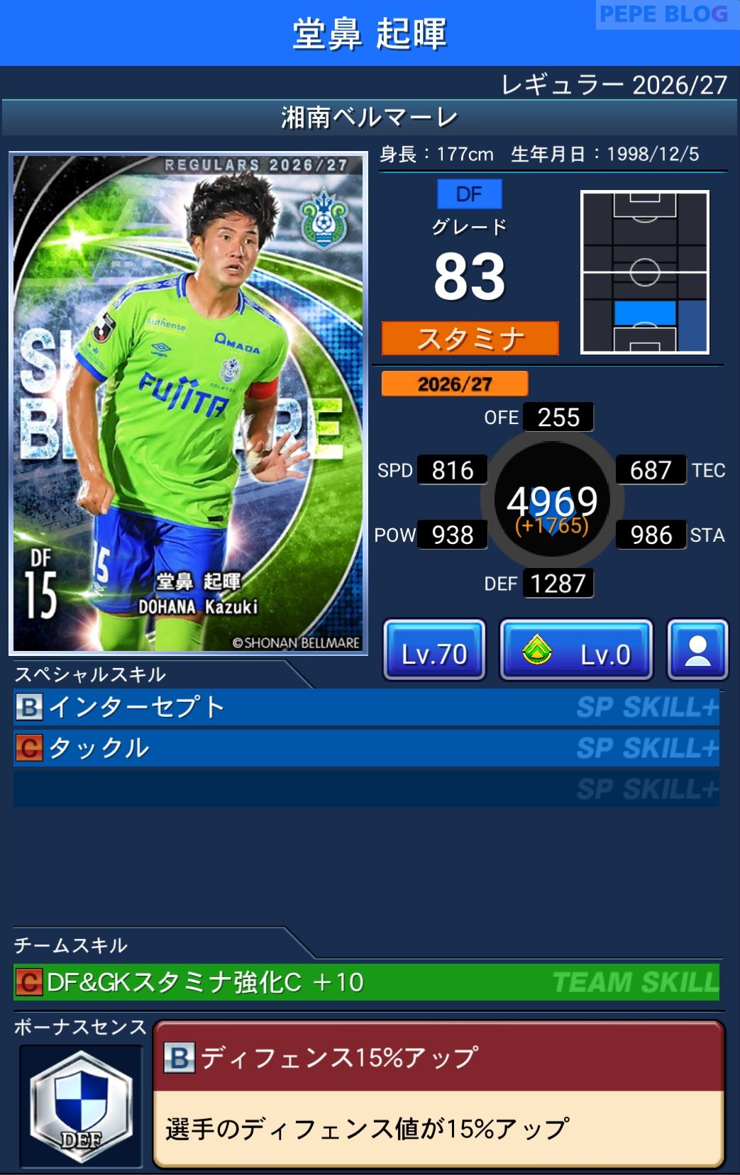 Jクラ レギュラー2026/27 湘南ベルマーレ 堂鼻 起暉 グレード83
