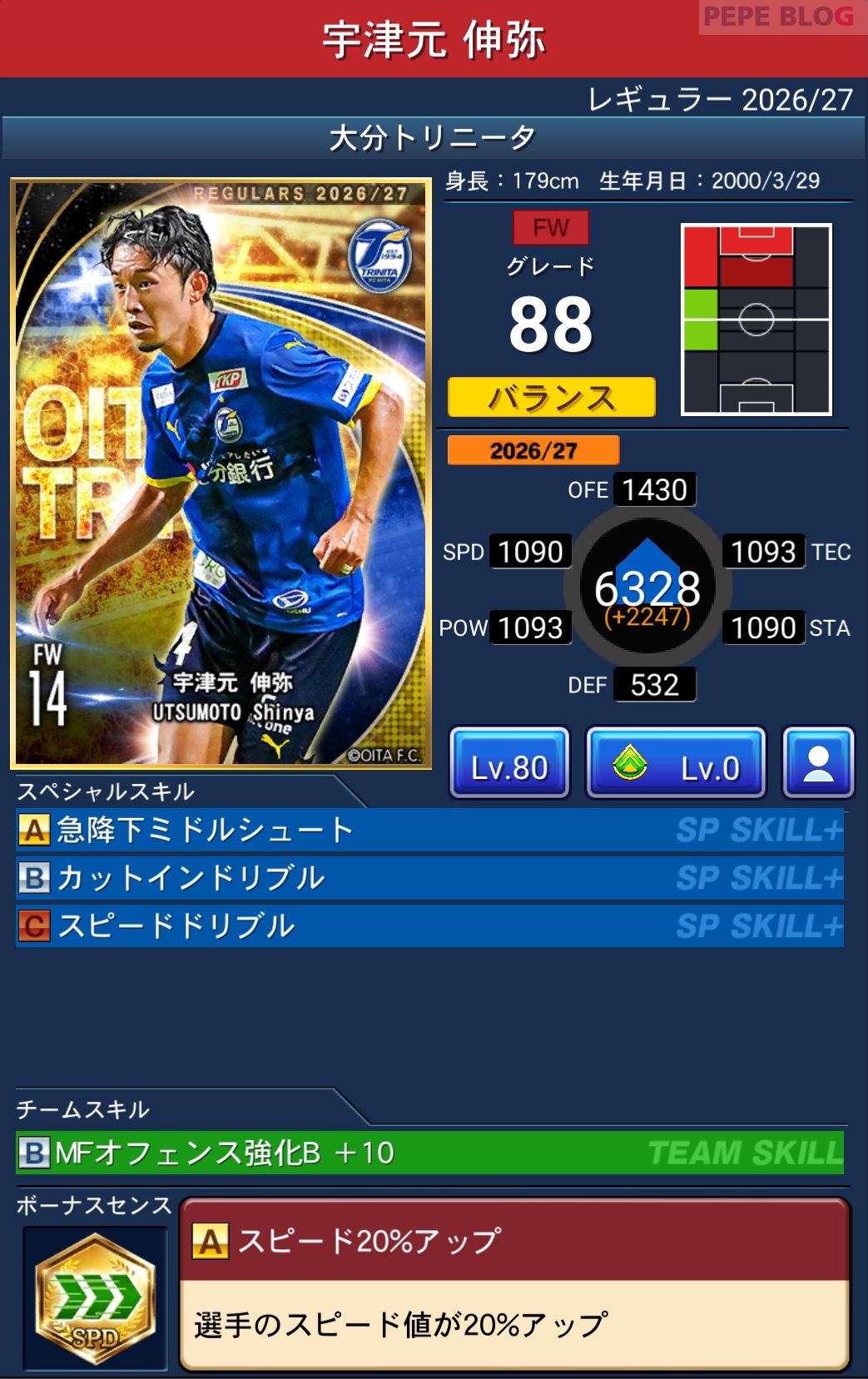 Jクラ レギュラー2026/27 大分トリニータ 宇津元 伸弥 グレード88