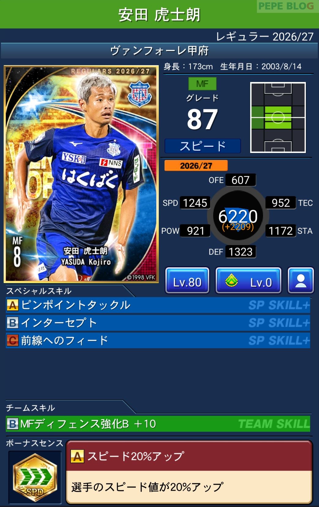 Jクラ レギュラー2026/27 ヴァンフォーレ甲府 安田 虎士朗 グレード87