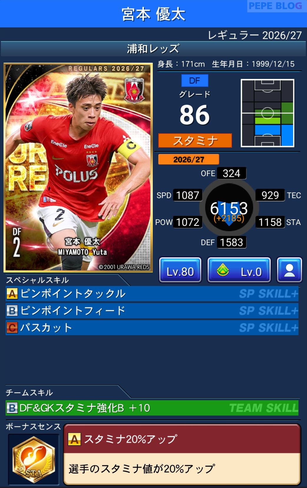 Jクラ レギュラー2026/27 浦和レッズ 宮本 優太 グレード86